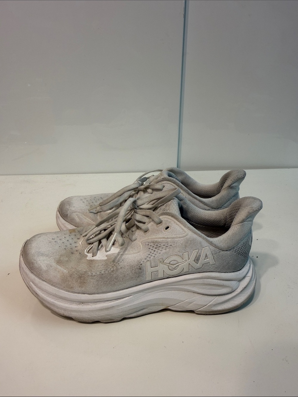Used Dirty Hoka Clifton 10 Women's White Athletic Running Shoes sz 6.5 B
